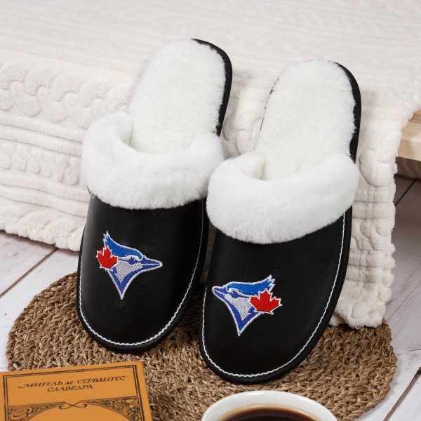  Black leather men’s slippers toronto blue jays
