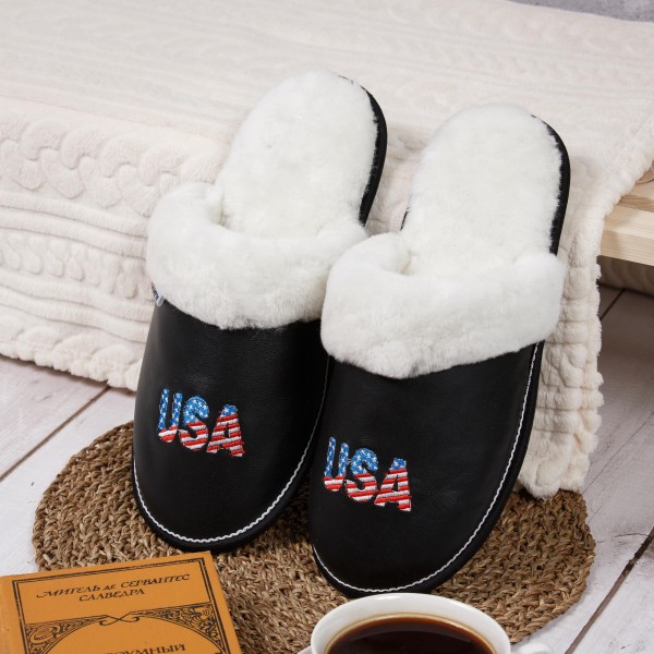  Black leather men’s slippers USA