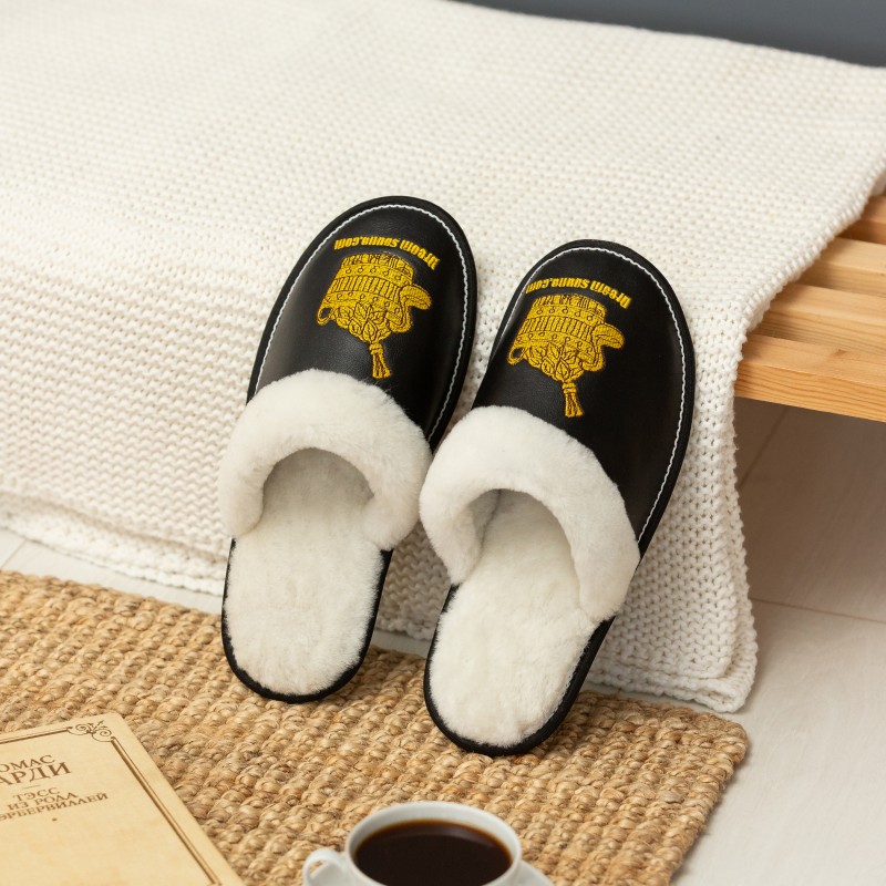 Black leather men’s slippers “Sauna”