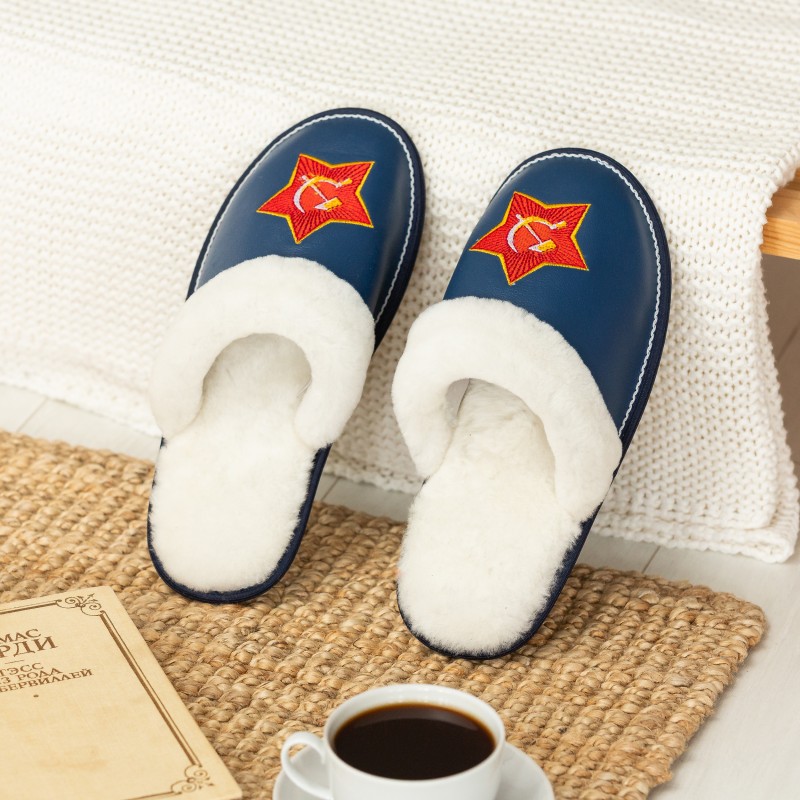 Blue leather men’s slippers “ Hammer and sickle of the USSR”