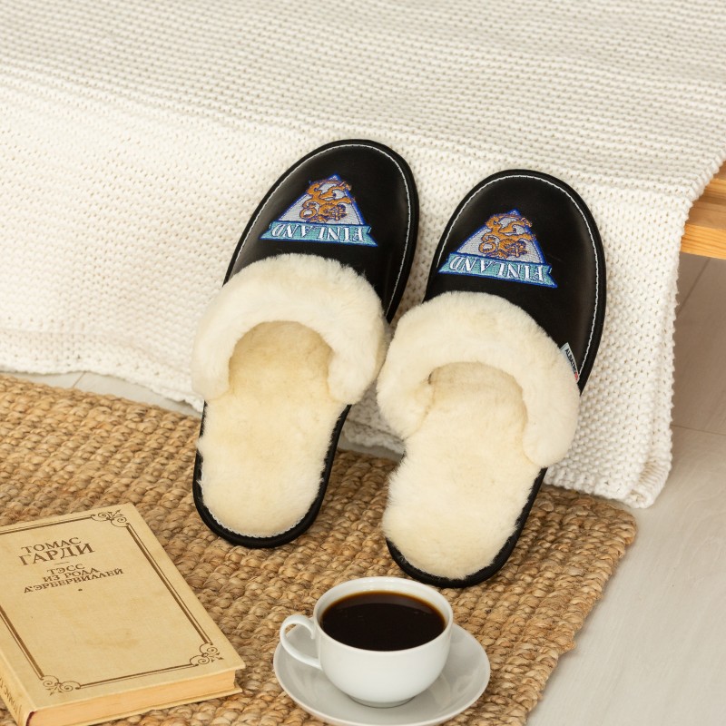Black leather slippers with Finland embroidery