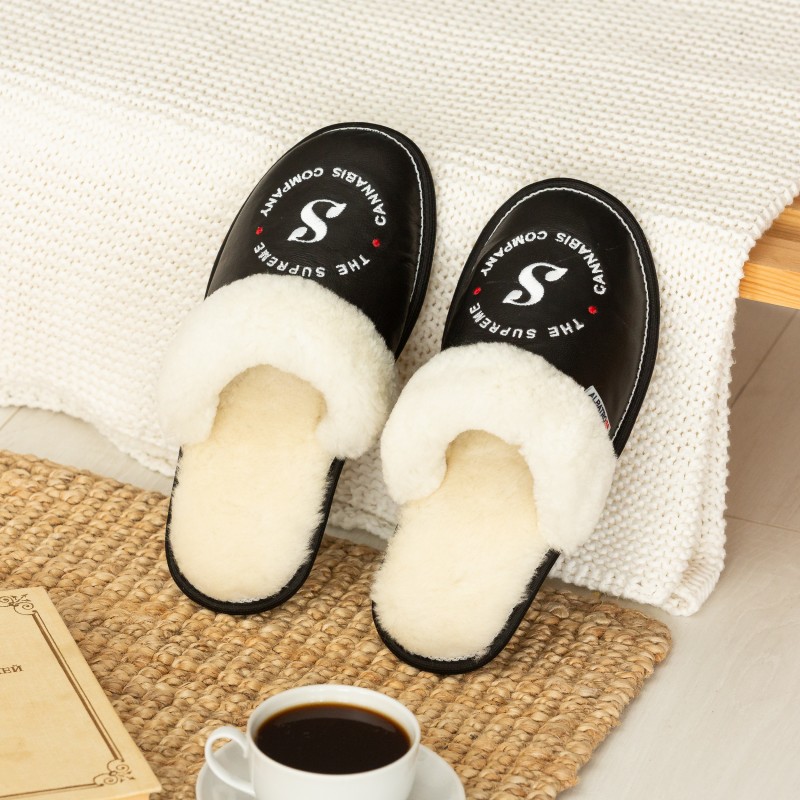 Black leather slippers “Cannabis Company”